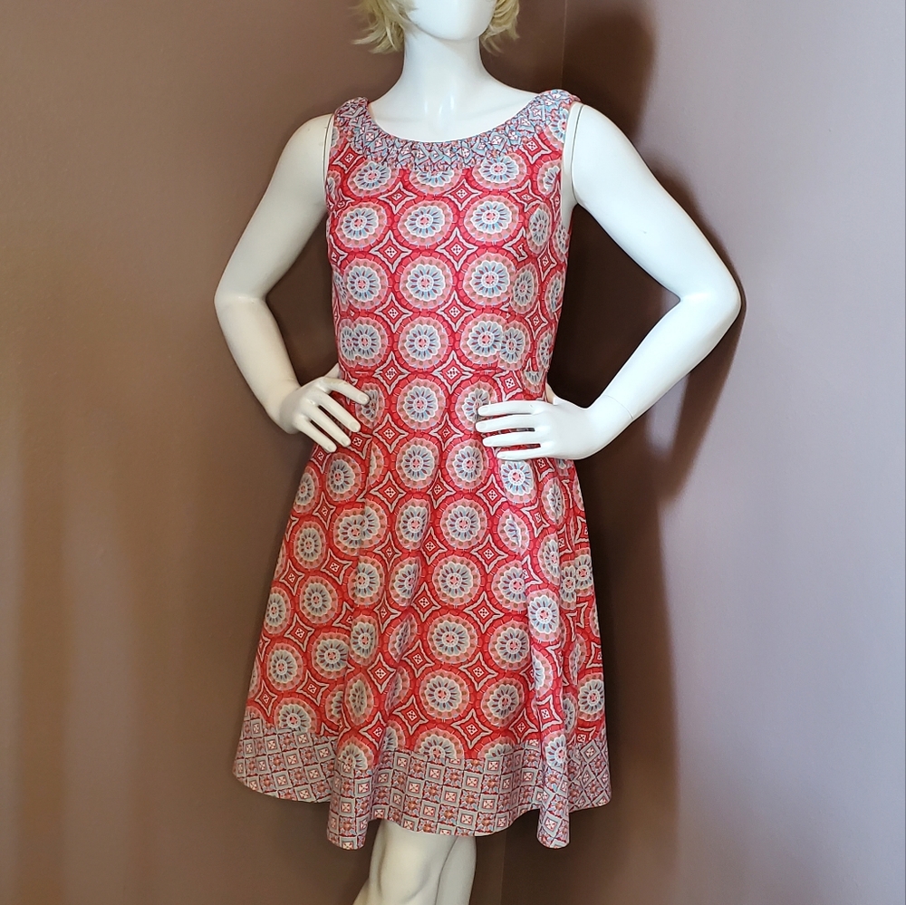 TALBOTS coral & blue print cotton fit & flare dress size 8